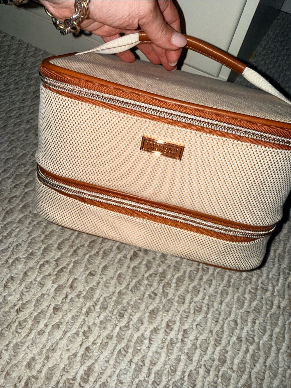 3 Piece Stephanie Johnson Cream and Blue Cosmetic Train Case Set - Picture 11 of 11